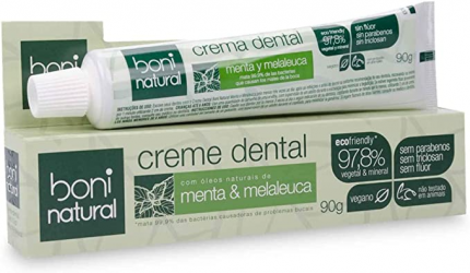 Creme Dental com óleos naturais de Menta e Melaleuca Vegano e Natural, Sem Flúor, Sem Triclosan, Boni Natural, Branco