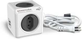 Multiplicador 4 Tomadas Bivolt + 2 USB 2.4A com Cabo 3m – PowerCube EXTENDED USB ELG – PWC-X4U/3M, Cinza e Branco
