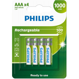 Pilha recarregável AAA 1.2V 1.000mAh - PHILIPS - padrão - R03B4RTU10/59 na Amazon