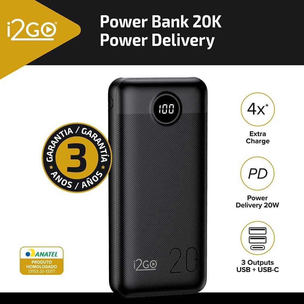 Carregador Portátil (Power Bank) Ultra Rápido 20000mAh Power Delivery 20W 2 Saídas USB + 1 Saída/Entrada USB-C Preto I2GO - I2GO PRO na Amazon