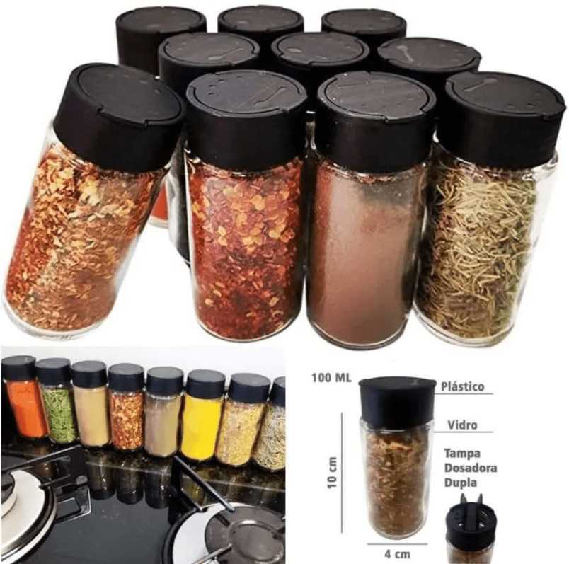 Kit 10 Potes Tempero De Vidro Tampa Dosadora Dupla + Brinde na Amazon