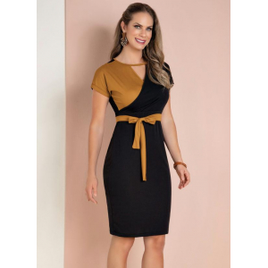 Vestido Preto e Caramelo com Transpasse e Faixa na Posthaus
