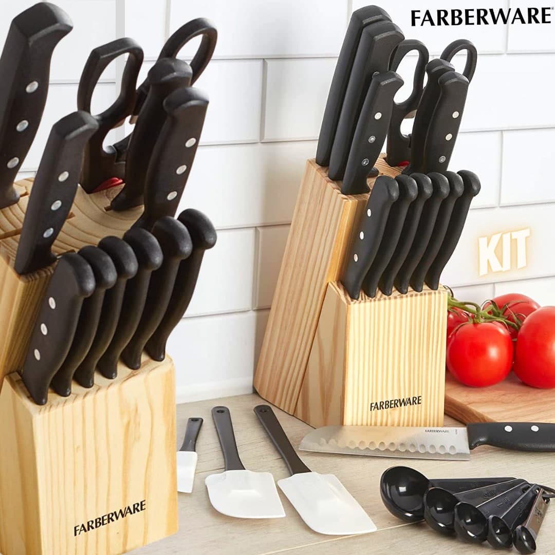 Conjunto de 22 peças de facas e utensílios de cozinha Farberware de aço inoxidável de alto carbono, preto na Amazon