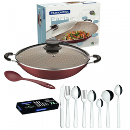 Panela Wok Tramontina Paris Antiaderente 32cm com Colher + Faqueiro Aço Inox Tramontina 74 peças na Extra
