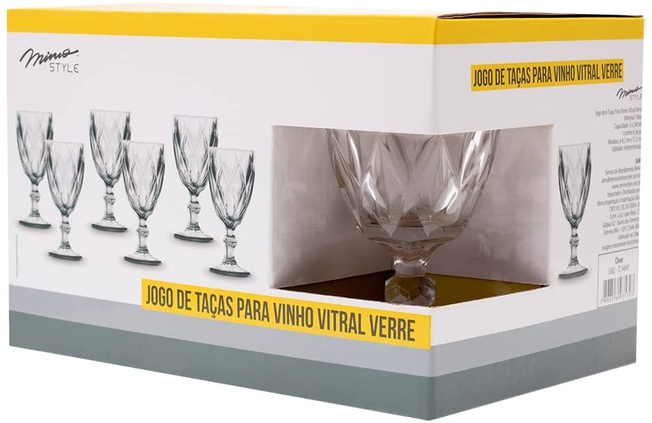 Mimo Style Jogo de 6 Taças de Vidro Transparente Vitral com Capacidade de 240ml com Alto Relevo e Aparencia Diamantada. Ideal para Vinhos, Sucos, Uísque, Água e Cerveja, Cálice para Festa e Casamento na Amazon