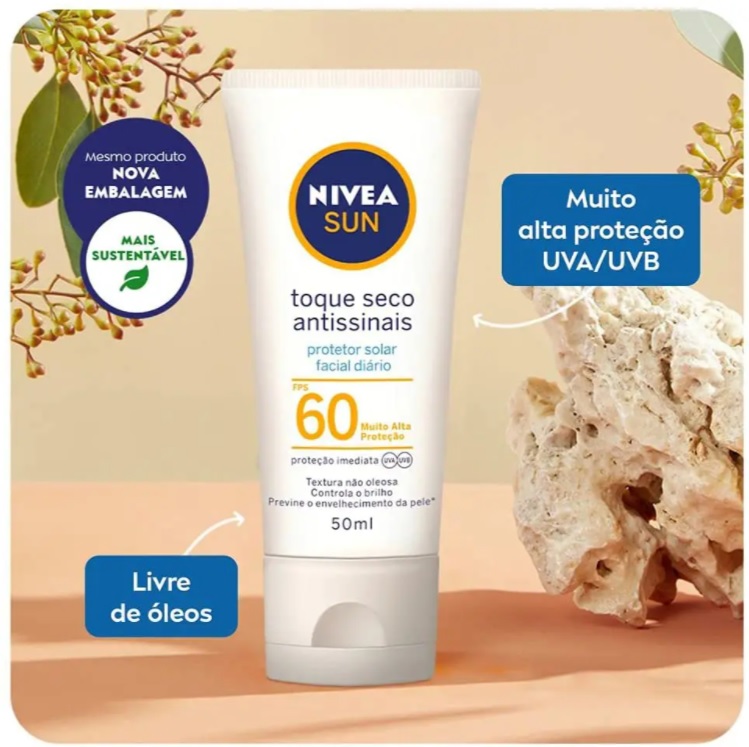 Protetor Solar Facial NIVEA SUN Toque Seco Antissinais FPS60 50ml, Nivea,Laranja na Amazon