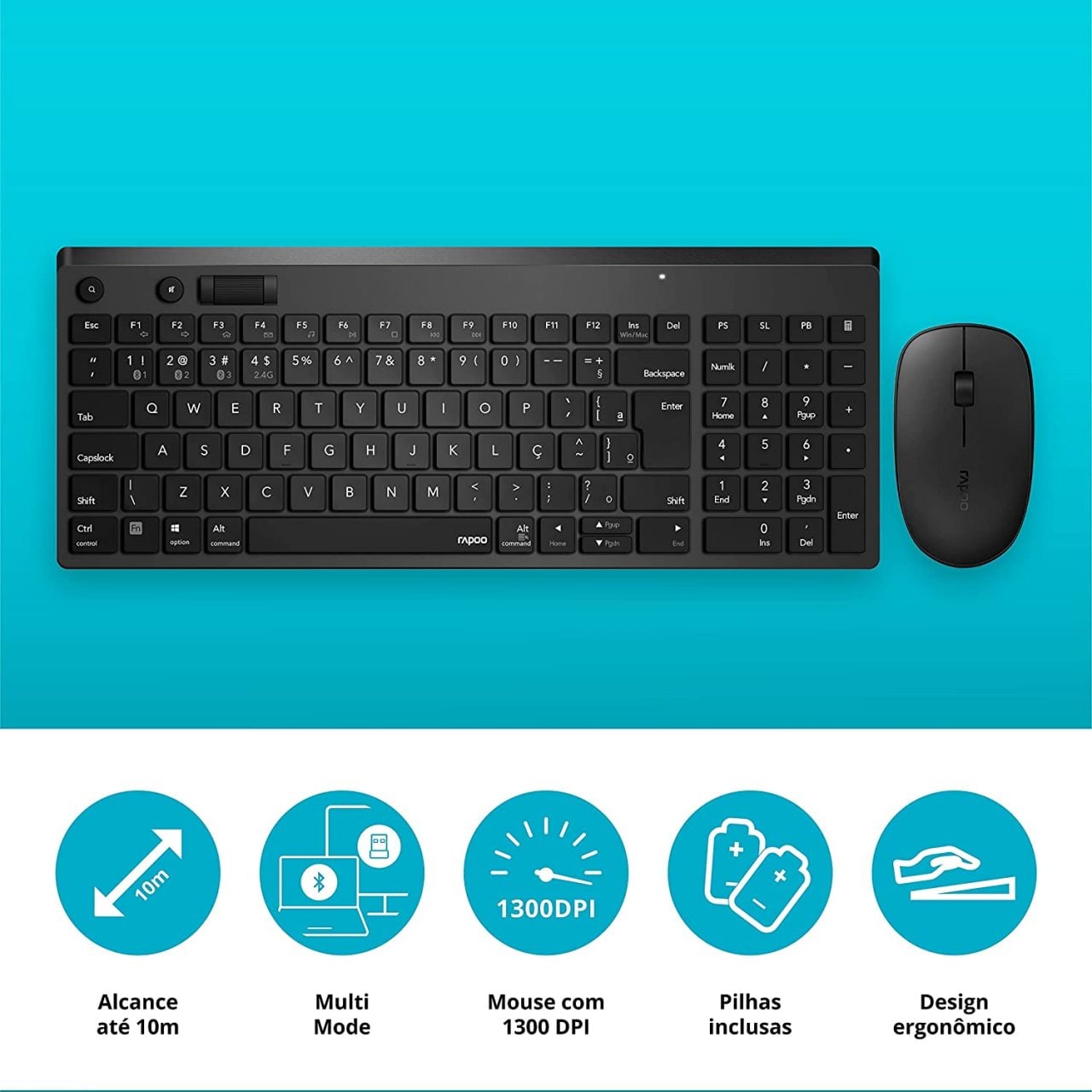 Combo RAPOO Teclado e Mouse sem Fio Bluetooth 2.4Ghz Black – RA003 na Amazon