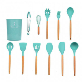 Kit com 11 peças utensílios de cozinha em silicone e cabo de madeira na Sou Barato
