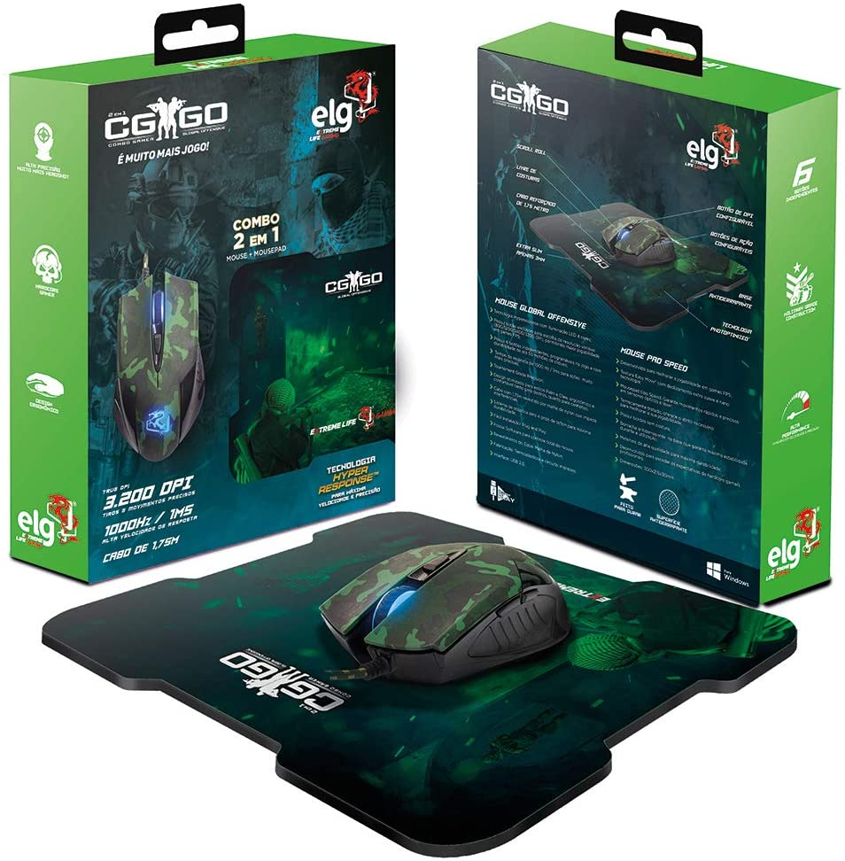 Combo Mouse e Mousepad Gamer ELG LED 4 Cores 3200 DPI USB 6 Botões 300X215MM – CGGO21 na Amazon