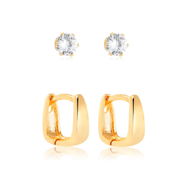 Mix de Brincos com Zircônia e Argolinha Quadrada Folheado em Ouro 18k na Francisca Joias
