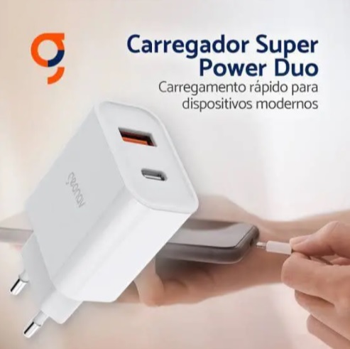 Carregador Universal Ultra Rápido Duo, 1 X USB-C Power Delivery 20W, 1 X USB Quick Charge 18W, Branco, CH20PDQC, Geonav na Amazon
