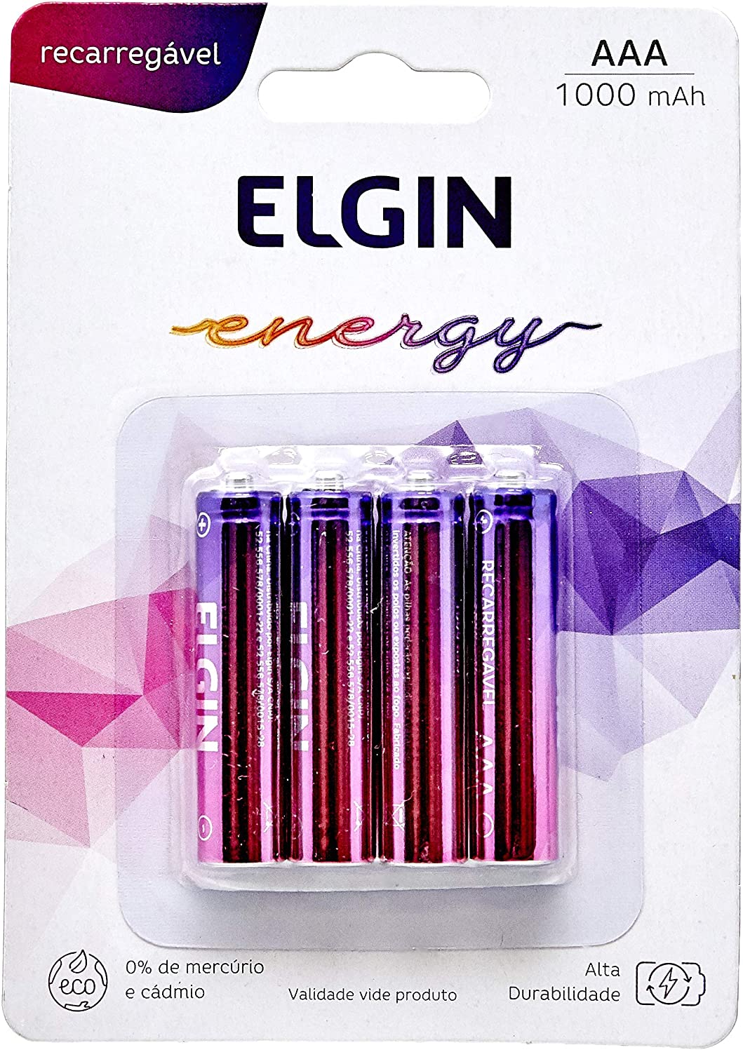 Pilha Recarregável AAA Blister Com 4 Pilhas, Elgin, Baterias, 1000mAh na Amazon