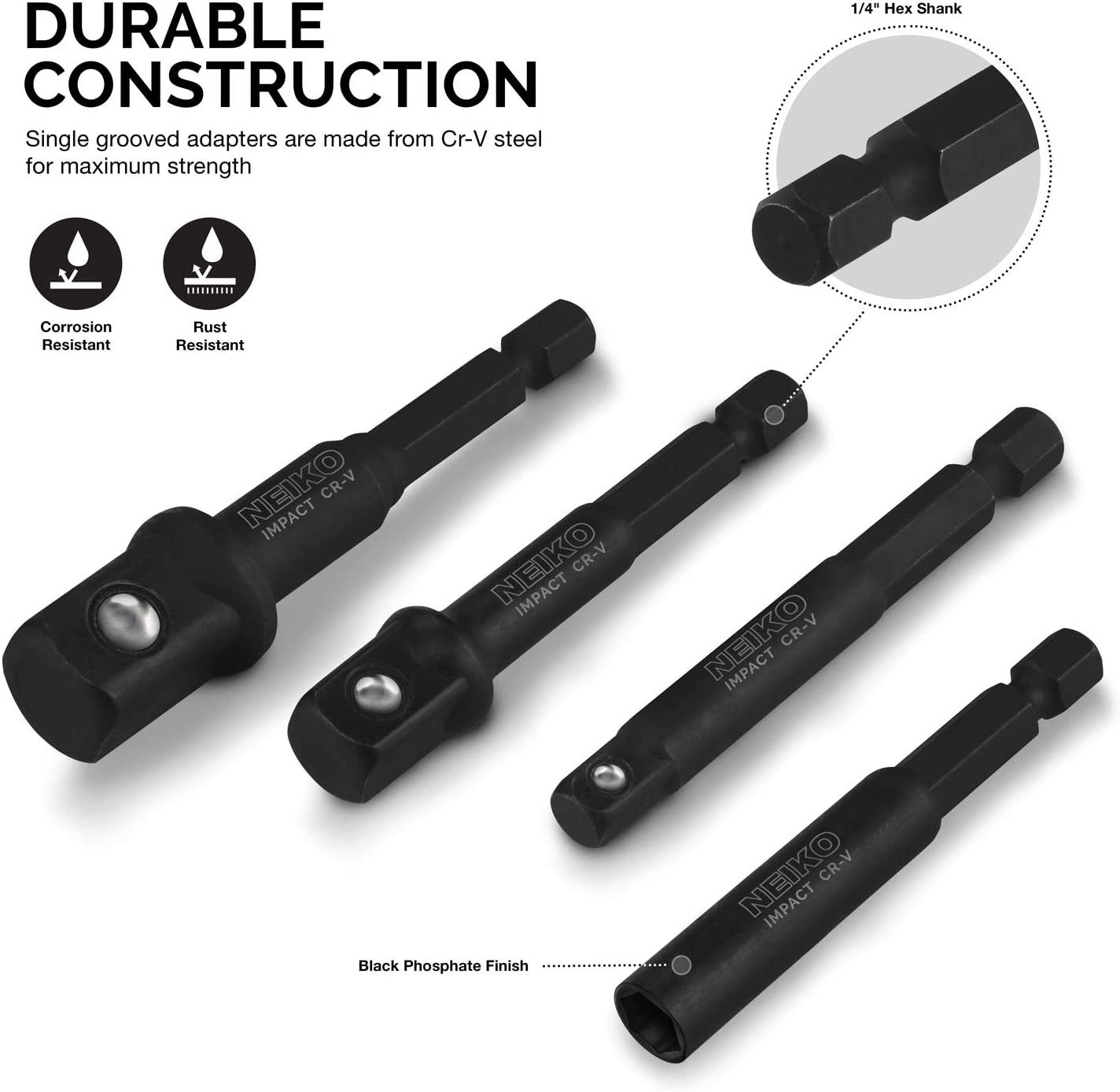 Neiko Adaptador de soquete de impacto 00244A e suporte de brocas magnéticas, conjunto de 4 peças | Haste hexagonal de 0,6 cm com unidade de 1/4, 3/8, 1/2″ | CR-V na Amazon