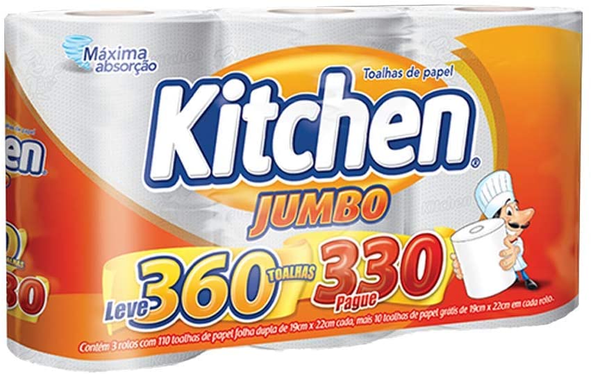 Papel Toalha Kitchen Jumbo Folha Dupla – Pack com 3 Rolos de 110 Unidades na Amazon