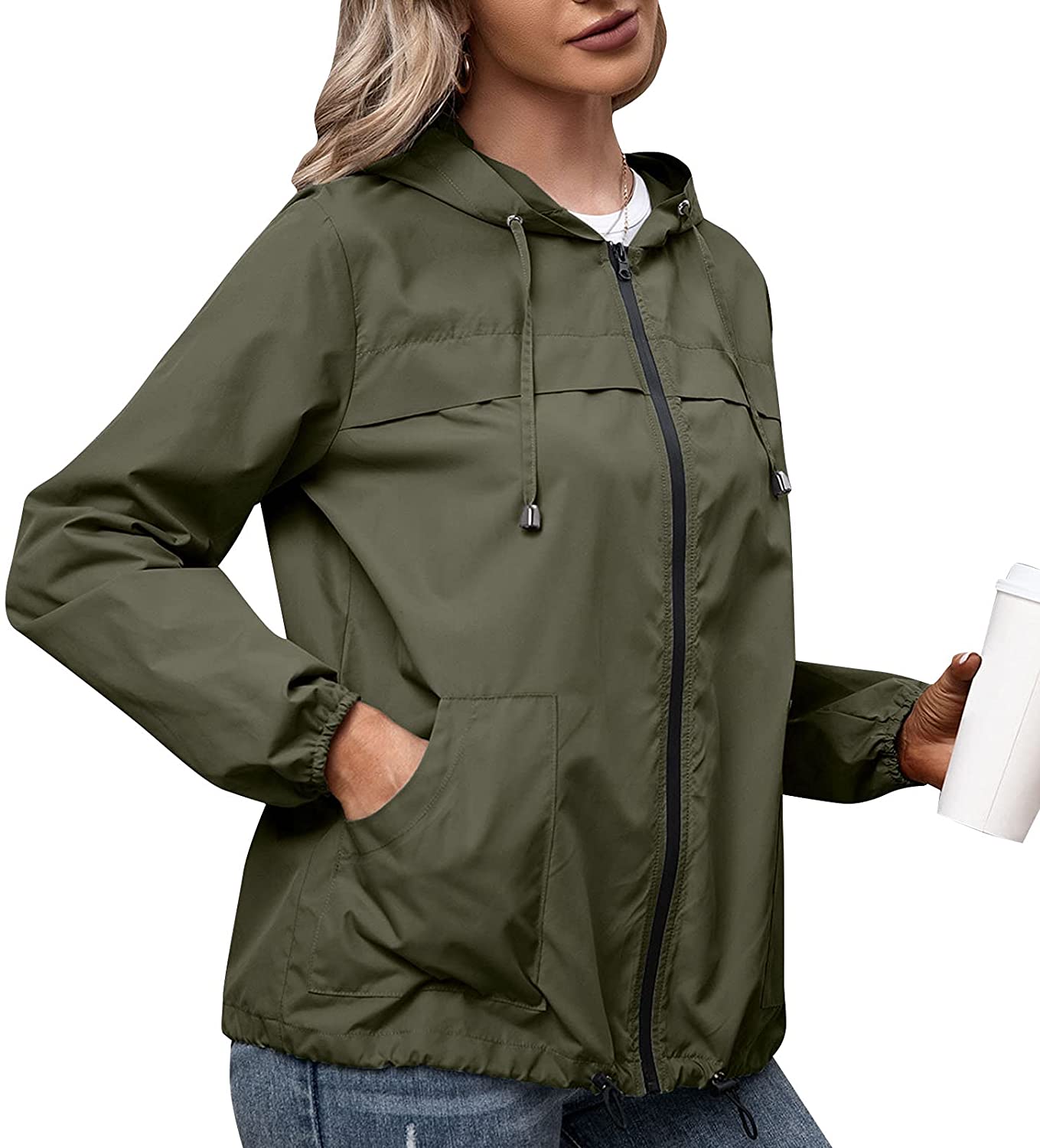 ANMM Casaco feminino com capuz impermeável manga longa elástica bainha bolsos corta-vento com zíper capa de chuva exterior na Amazon