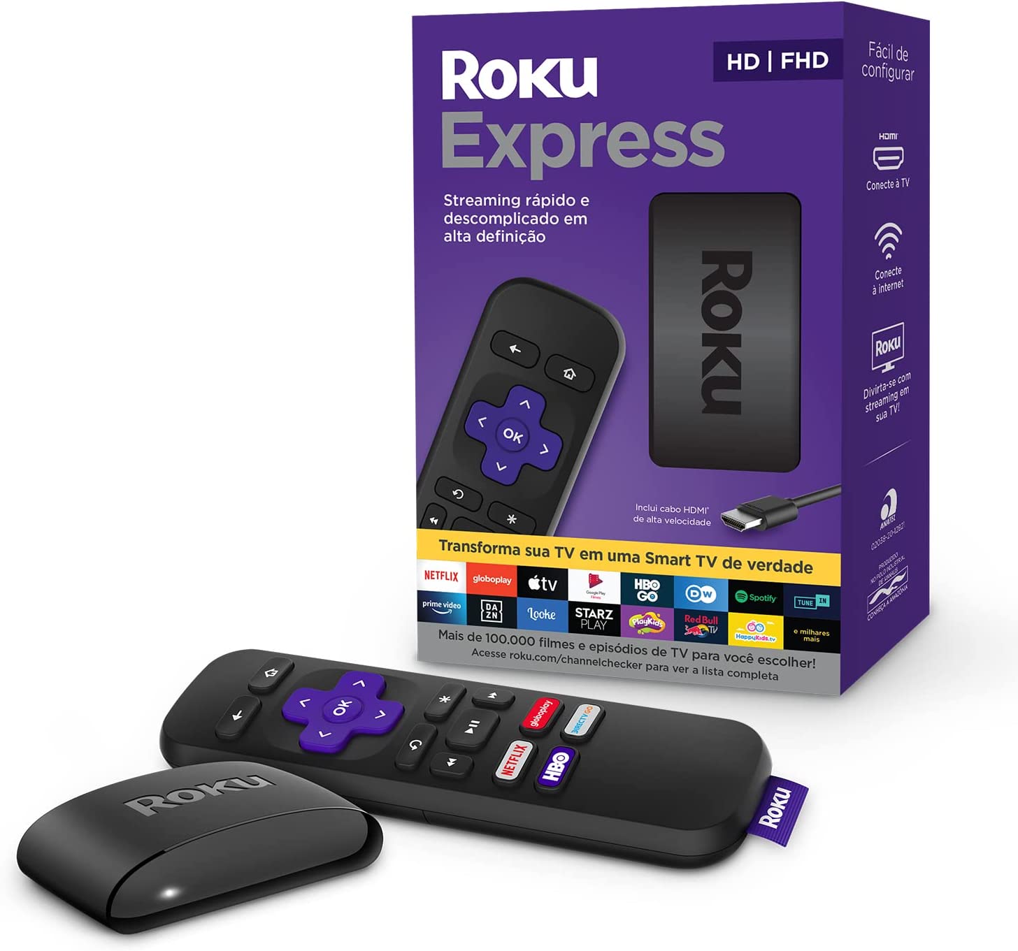 Roku Express - Streaming player Full HD. Transforma sua TV em Smart TV. Com controle remoto e cabo HDMI incluídos