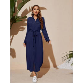 Vestido com Cinto Botão Bolso Simples Ocasional - Feminino na Shein