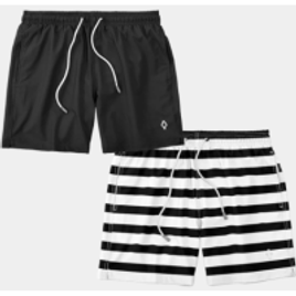 Kit 2 Shorts Bermudas Praia Liso Lisa e Listrado Masculino Tactel Básico - Preto na Kanui