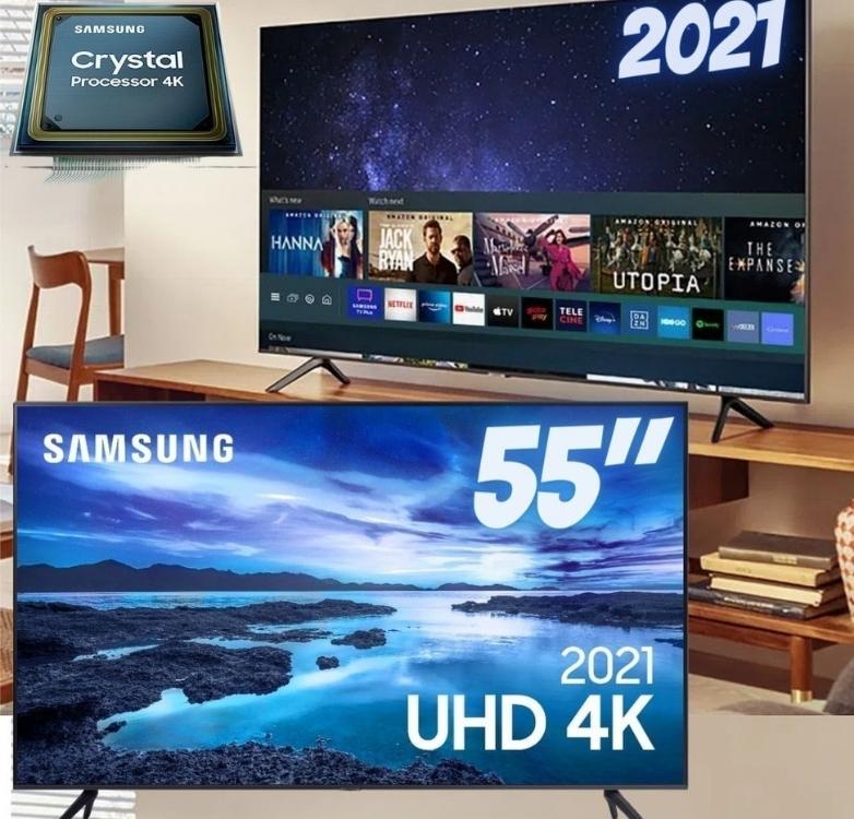 Smart 55″ TV UHD 4K Samsung 55AU7700, Processador Crystal 4K, Tela sem limites, Visual Livre de Cabos, Alexa built in, Controle Único na Casas Bahia