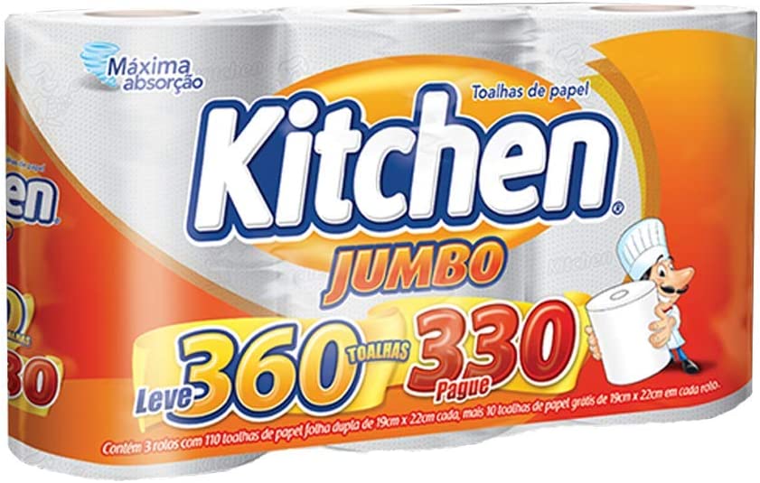 Papel Toalha Kitchen Jumbo Folha Dupla – Pack Com 3 Rolos De 110 Unidades De 19×20 Cm Cada na Amazon