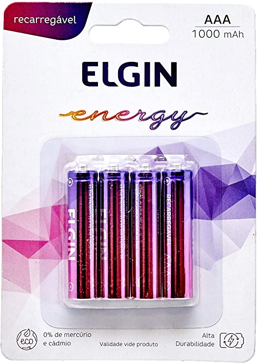 [Prime] Pilha Recarregável AAA Blister Com 4 Pilhas, Elgin, Baterias, 1000mAh na Amazon