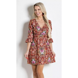 Vestido Xadrez/Flor Mangas 7/8 Abertura Sino na Posthaus
