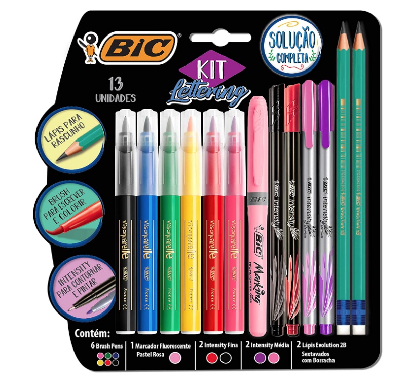 Kit Lettering BIC, c/ 6 Brush Pens + 1 Pincel Marcador Pastel Rosa + 2 Intensity Ponta Fina + 2 Intensiy Ponta Média + 2 Lápis Pretos, 971080, Multicor na Amazon