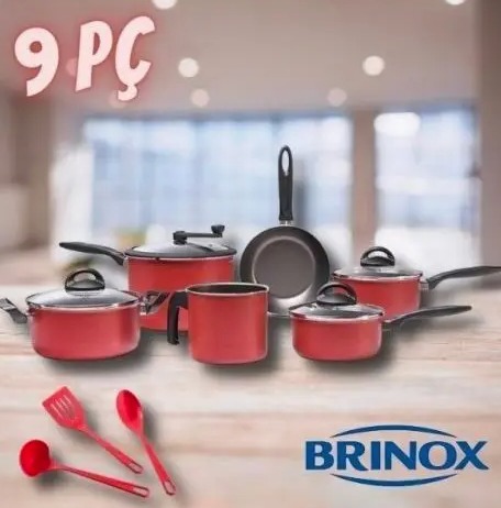 Jogo de Panelas Brinox Chilli 6 Peças Com Pipoqueira Cereja + Colheres na Casas Bahia
