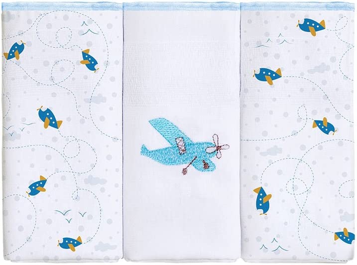 Fralda Zinha Bordado com Estampado Azul 63cm x 63cm Pacote de 3 – Papi Textil na Amazon