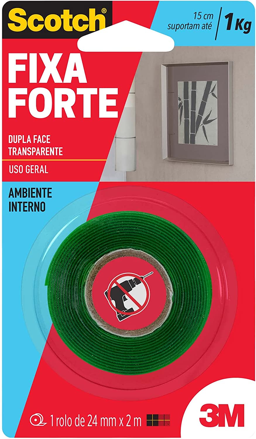Fita Dupla Face 3M Scotch Fixa Forte Transparente 24mmx2m – até 1kg na Amazon