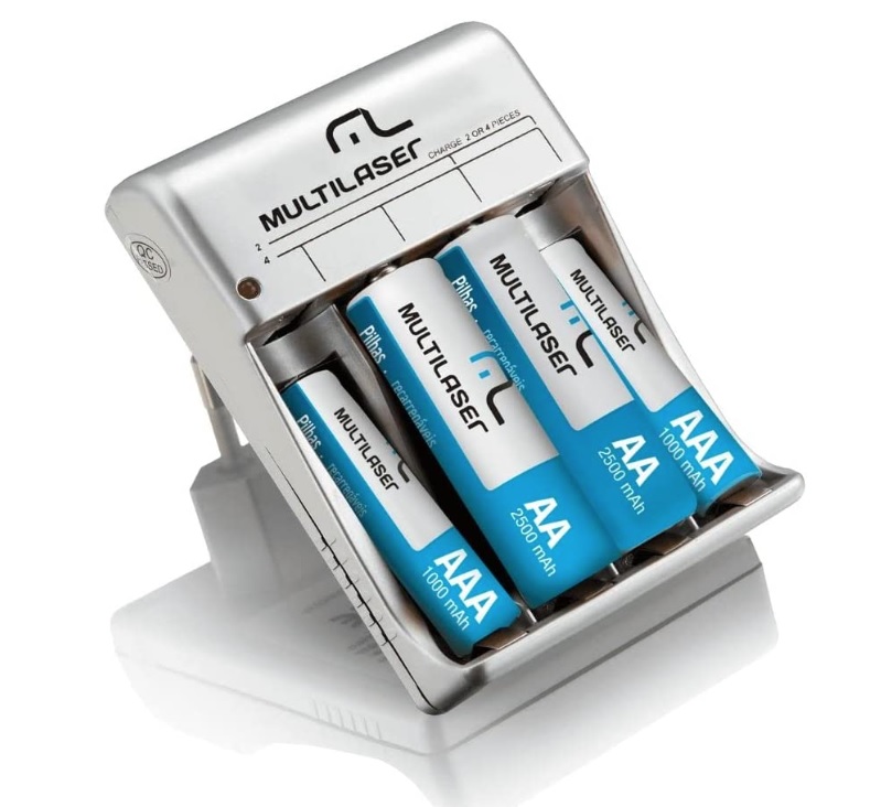 Carregador de Pilhas Multilaser AA/AAA + 2 Pilhas AA 2500Mah + 2 Pilhas AAA 1000Mah – CB045, turquoise, 83 x 59 x 55mm na Amazon
