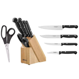 Jogo de Facas Tramontina Ultracorte Lâminas Aço Inox Preto 6 peças + Suporte de Madeira na Casas Bahia