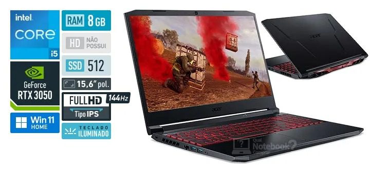 ACER Notebook Nitro 5 AN515-57-520Y, CI5 11400H, 8GB, 512GB SDD, (NVIDIA RTX 3050), Windows11. 15,6” LED FHD IPS, preto na Amazon