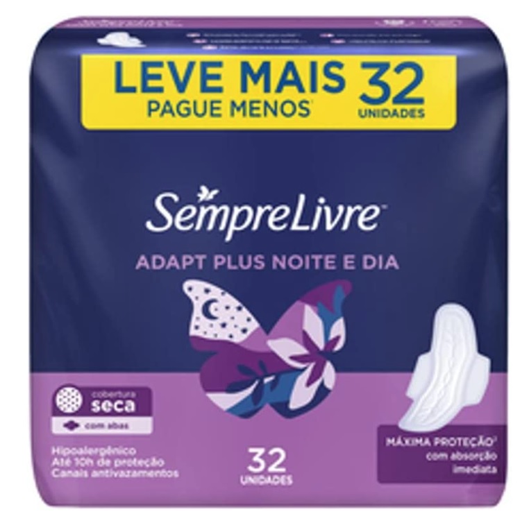 Absorvente Externo Adapt Plus Noite Dia Seca com Abas, Leve mais Pague Menos, Sempre Livre, 32 Unidades na Amazon