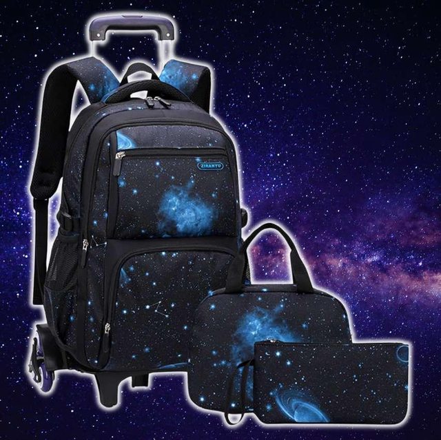 ACAGALA Mochila Rolante Infantil Para Meninos, Meninas, Mochila com Rodas, Carrinho, Mochila Escolar, Mochila com Lancheira, Bolsa de Lápis (Céu Estrelado Preto E Azul) Céu Estrelado Preto E Azul na Amazon