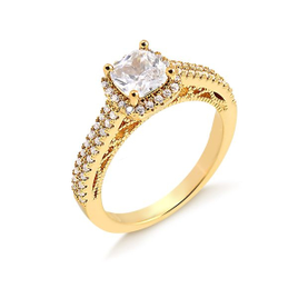 Anel Solitário com Pedra Quadrada e Base Detalhada com Zircônias Folheado em Ouro 18k na Francisca Joias