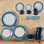 Aparelho de Jantar Chá 20 Peças Biona Cerâmica – Redondo Branco e Azul Donna na Magazine Luiza
