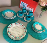 Aparelho de Jantar e Chá 20 Peças Biona de Cerâmica Redondo Branco e Azul Claro Donna na Magazine Luiza