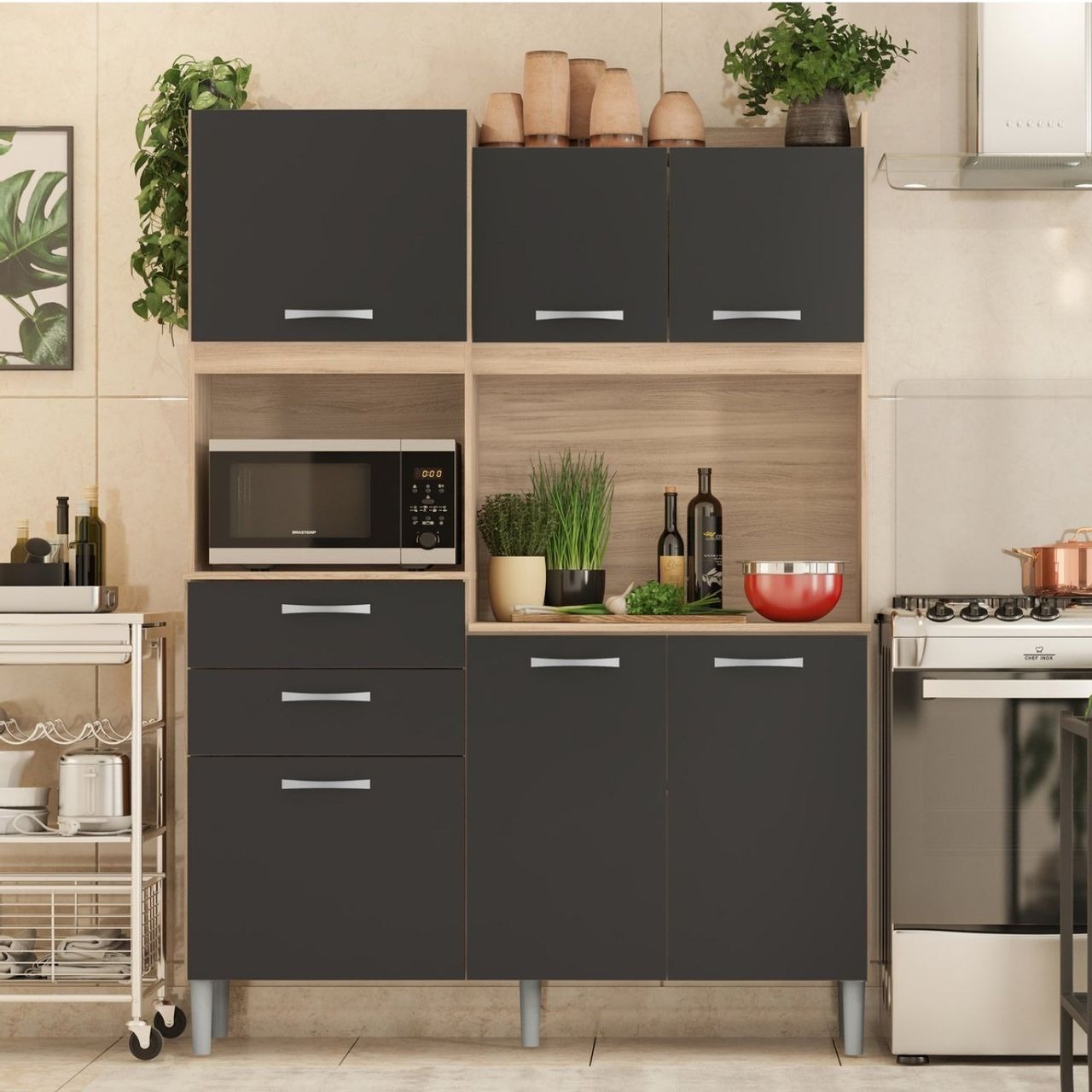 Armário De Cozinha 6 Portas 2 Gavetas Harmonia Demobile Avena Touch/grafito na Carrefour