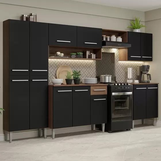 Armário de Cozinha Completa Madesa Emilly 293001 com Balcão e Paneleiro – Rustic/Preto na Magazine Luiza
