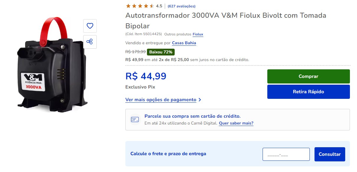 Autotransformador 3000VA V&M Fiolux Bivolt com Tomada Bipolar na Casas Bahia