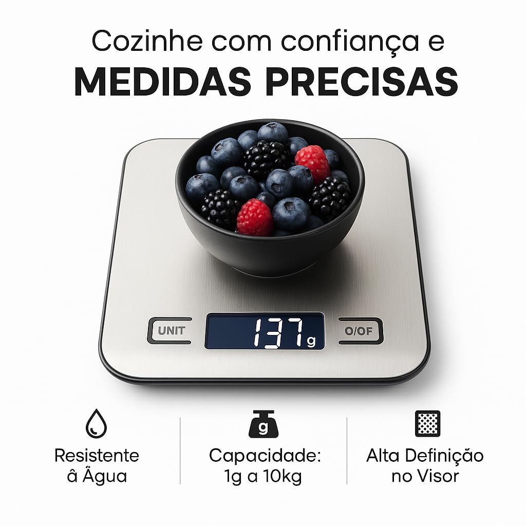 Balança de Cozinha Digital Premium em Inox Resistente à Água Portátil Base Antiderrapante Visor de Alta Definição Pesagem Precisa de 1g a 10kg Durável Moderna e Ideal para Alimentos Frescos na Amazon
