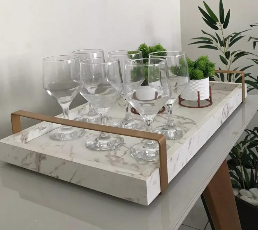 Bandeja Decorativa Para Servir Branco Gold Marmorizado Com Alça Dourada na Amazon