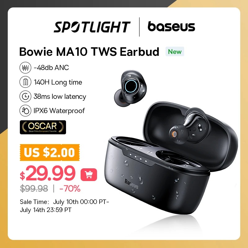 Baseus-Bowie MA10 ANC Fone Bluetooth 5.3 na Aliexpress
