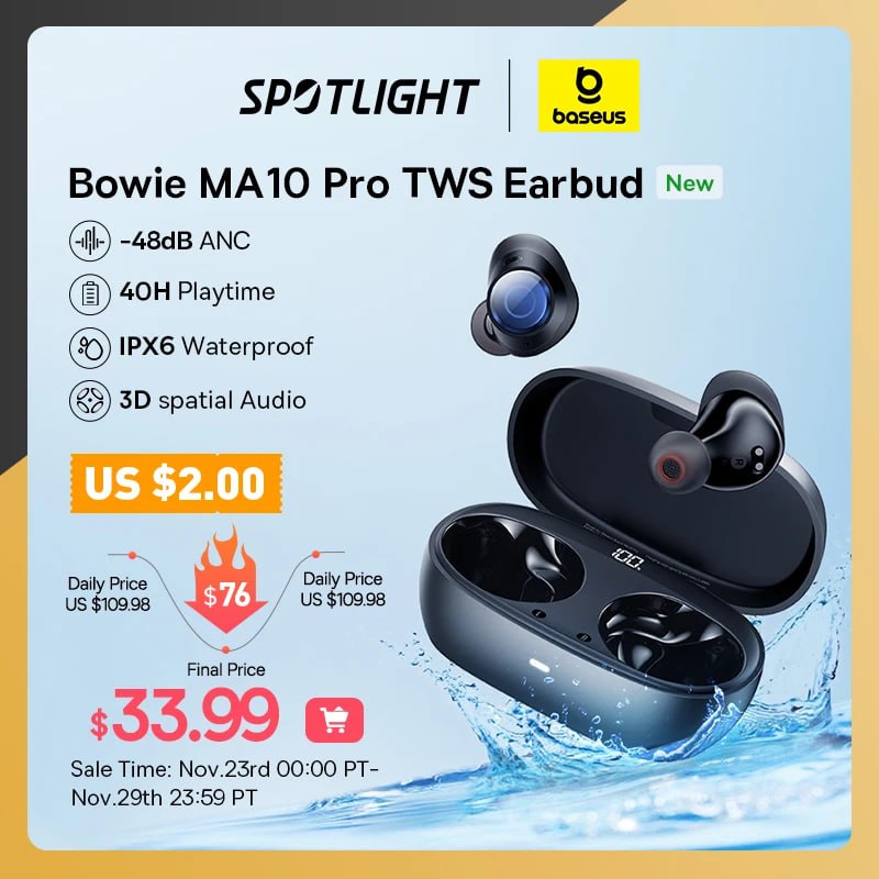 Baseus-Bowie MA10 Pro, Bluetooth 5.3 TWS, Bateria 40H, IPX6 na Aliexpress