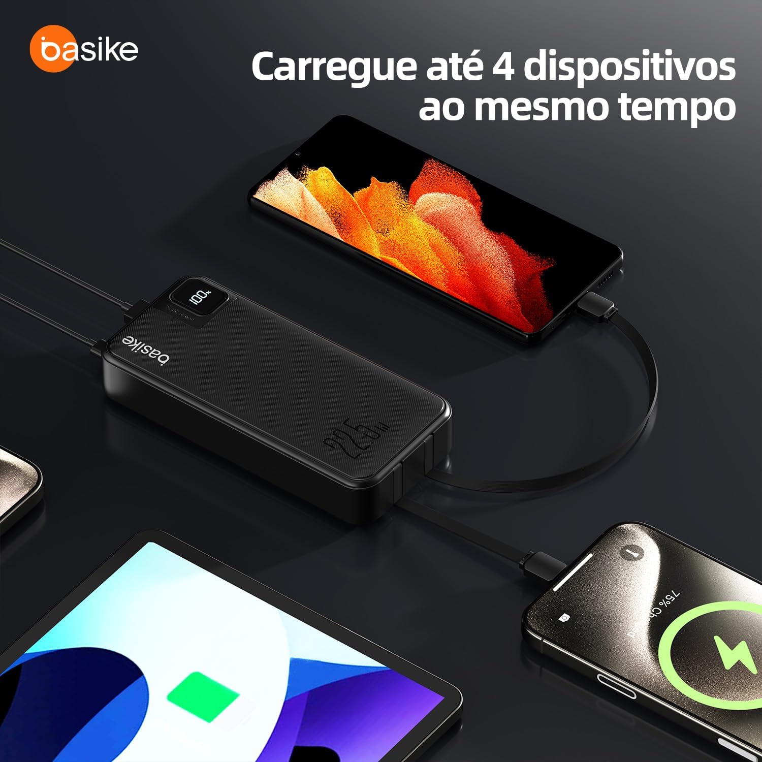 Basike Power Bank, Carregador Portátil Universal 20000mAh, USB-A(até 22.5W)+USB-C(até PD20W), com 2 Cabos Integrados (USB-C, Lightning) na Amazon