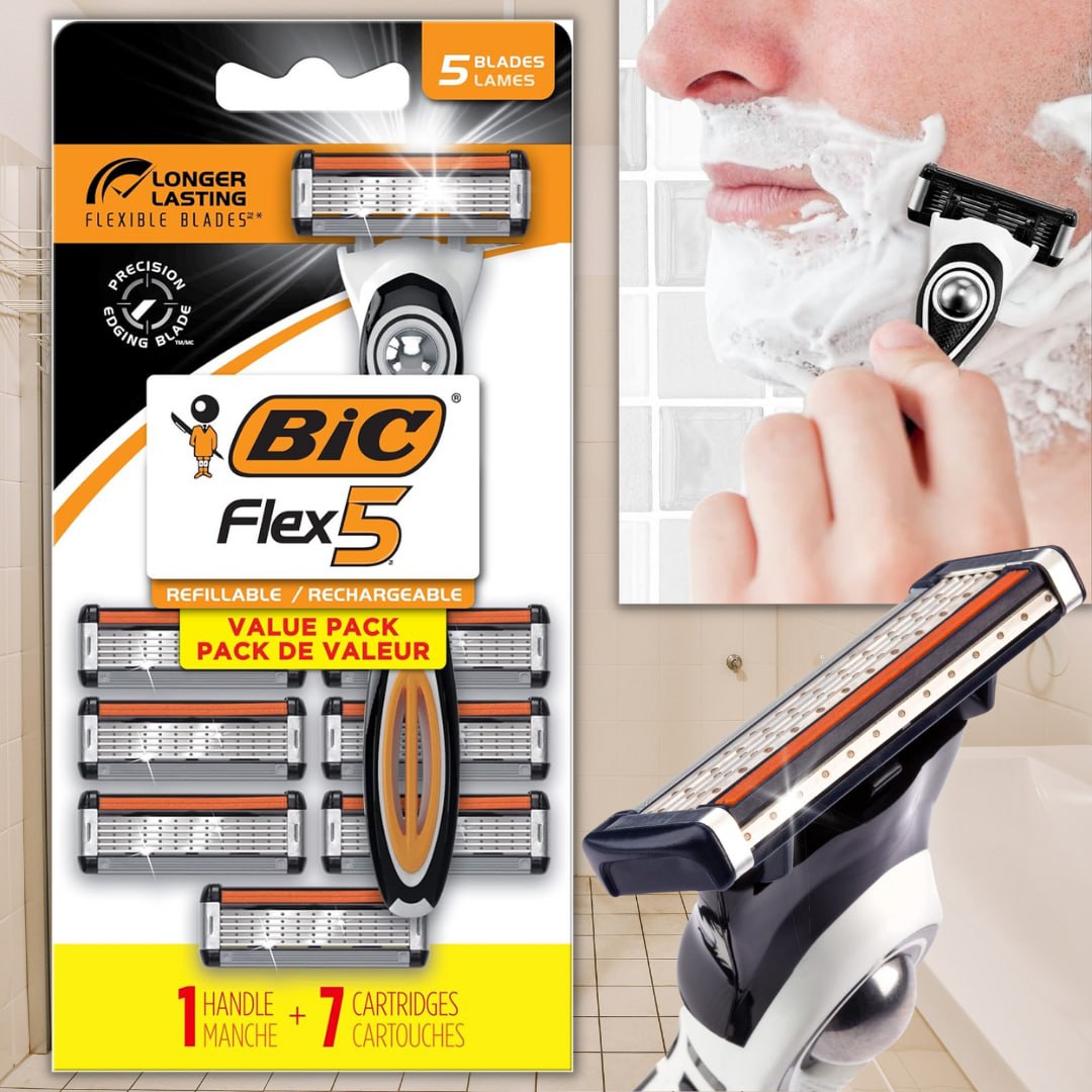 BIC Lâminas descartáveis Hybrid Flex 5 Titanium 5 lâminas para homens, para um barbear suave e confortável, 1 alça e 7 cartuchos, conjunto de 8 peças na Amazon