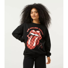 Blusão Alongado em Moletom com Estampa Rolling Stones Preto na Lojas Renner