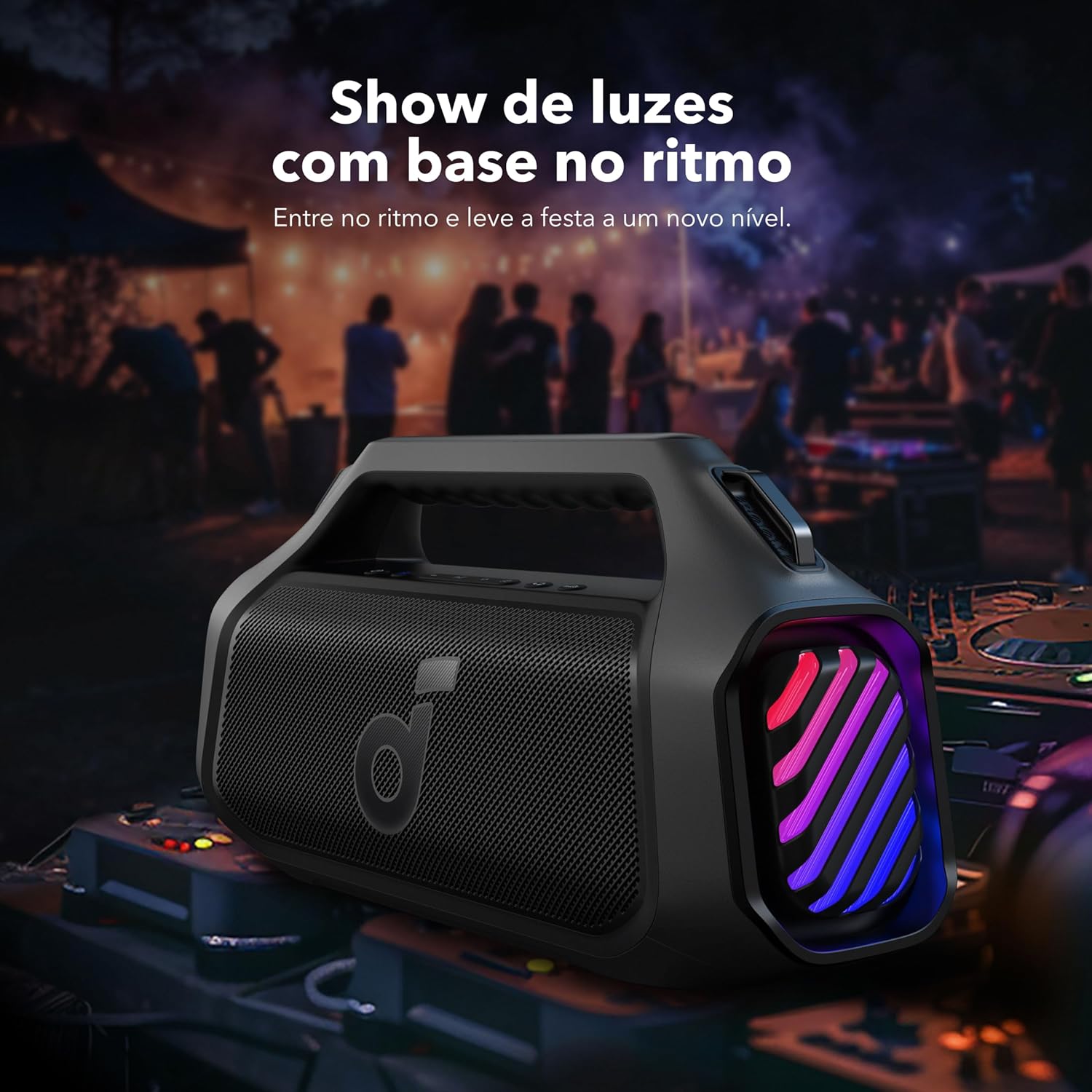 Boom 2 Plus Soundcore da Anker Caixa de Som Portáteis Bluetooth Alto-falante Externo, 140W, 2+2 Canais, BassUp™ 2.0, 20H de Reprodução, Carregamento Rápido, IPX7, Luzes RGB, Power Bank, Preto na Amazon