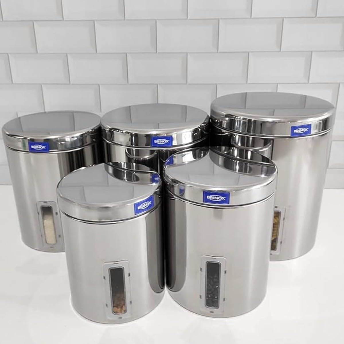 Brinox – Conjunto de Potes para Mantimentos com Tampa e Visor 5 Peças Suprema – Aço Inox na Amazon